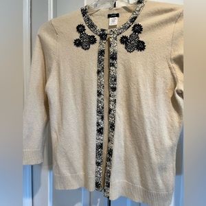 J CREW-Angora, Cashmere & Wool Cream Cárdigan w Black Floral Trim & Rhinestones